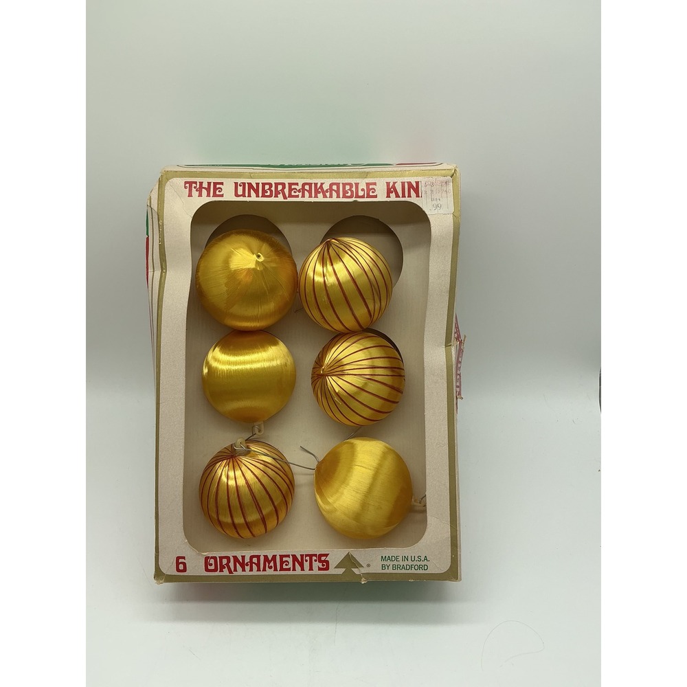 Vintage Bradford Gold Satin/Striped Unbreakable Christmas Ornaments Set of 6 USA
